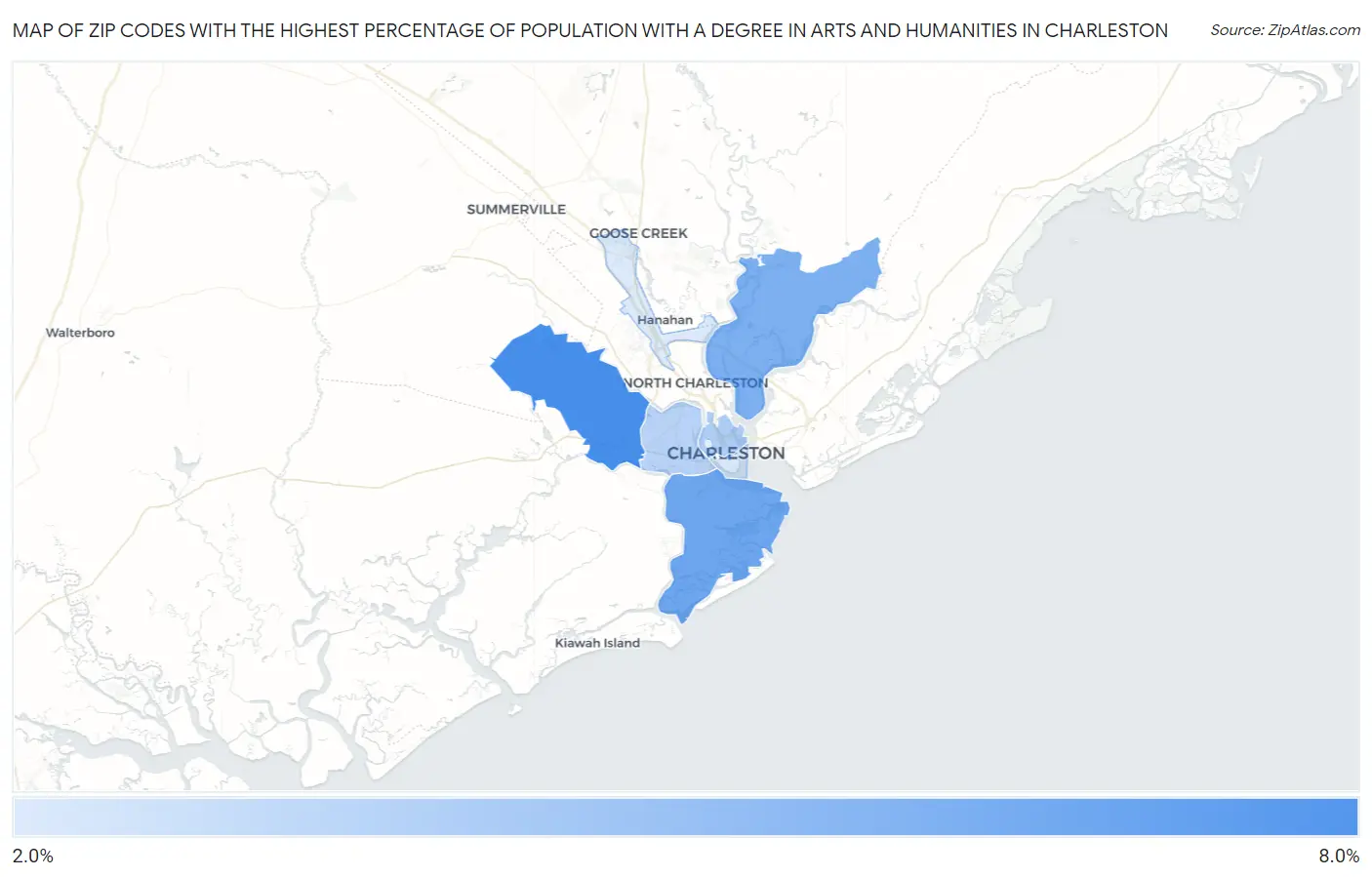 Zip Codes with the Highest Percentage of Population with a Degree in Arts and Humanities in Charleston Map