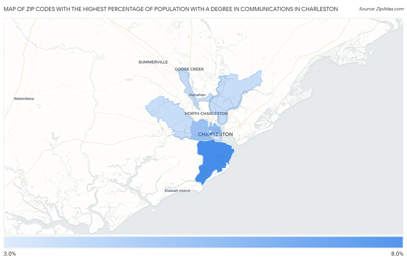 Zip Codes with the Highest Percentage of Population with a Degree in Communications in Charleston Map
