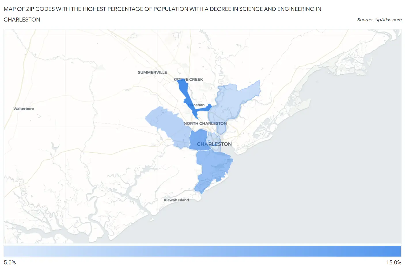 Zip Codes with the Highest Percentage of Population with a Degree in Science and Engineering in Charleston Map