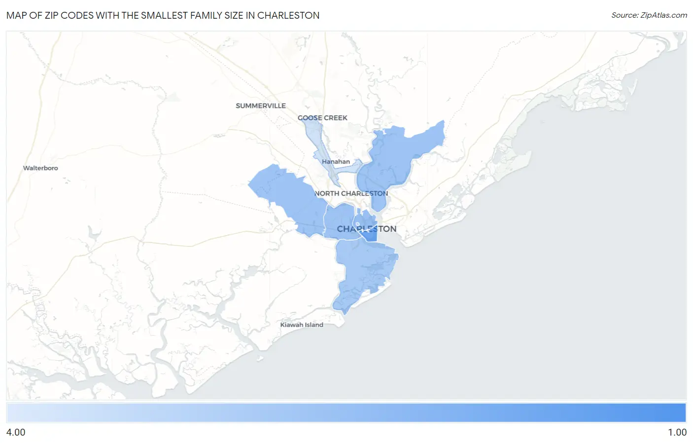 Zip Codes with the Smallest Family Size in Charleston Map