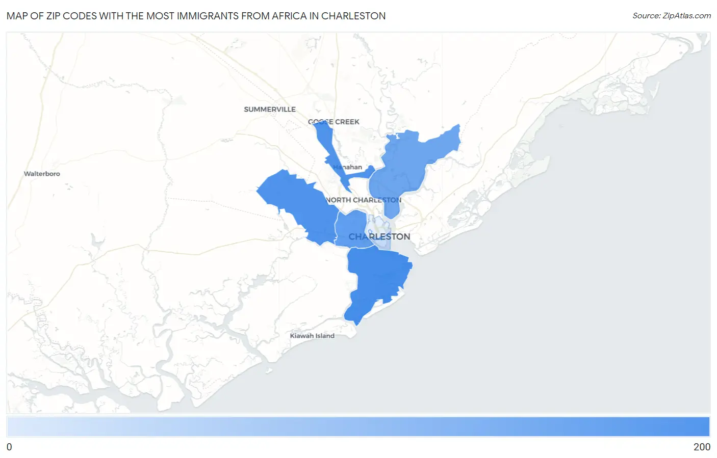 Zip Codes with the Most Immigrants from Africa in Charleston Map