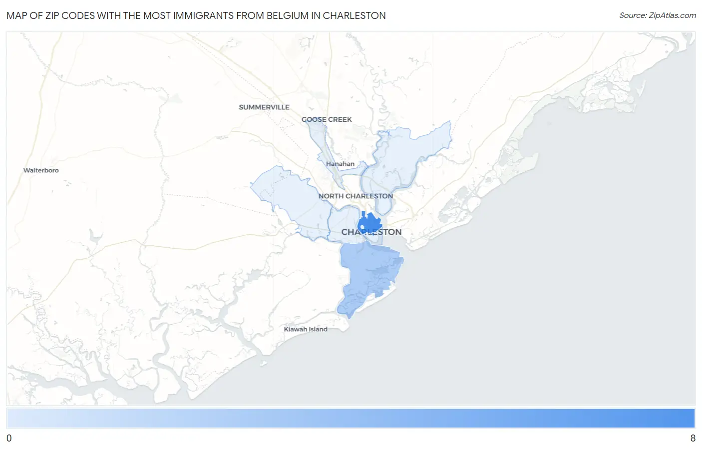 Zip Codes with the Most Immigrants from Belgium in Charleston Map