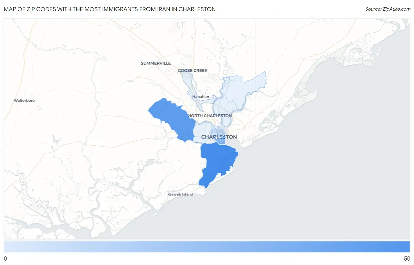 Zip Codes with the Most Immigrants from Iran in Charleston Map