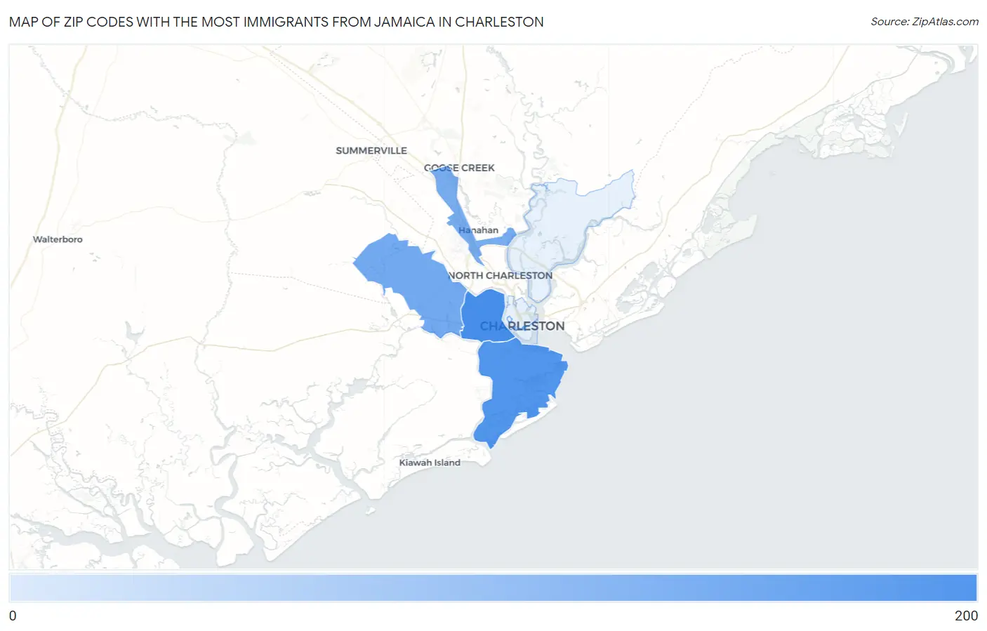 Zip Codes with the Most Immigrants from Jamaica in Charleston Map