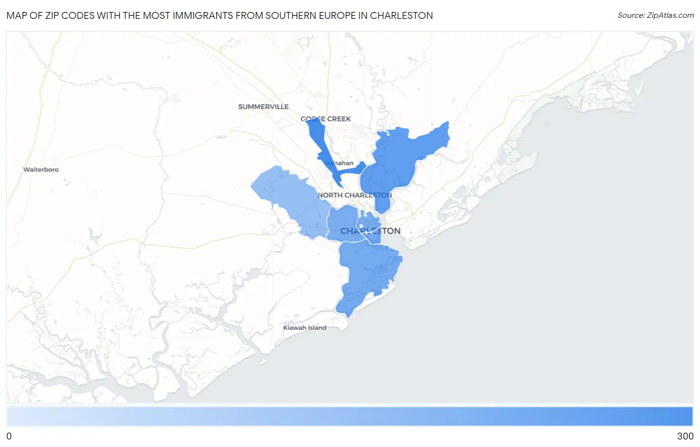 Zip Codes with the Most Immigrants from Southern Europe in Charleston Map