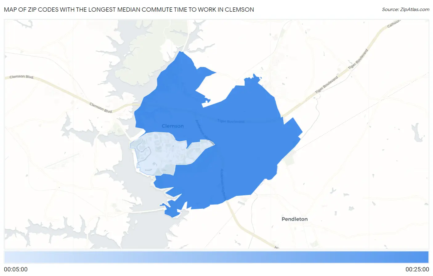 Zip Codes with the Longest Median Commute Time to Work in Clemson Map