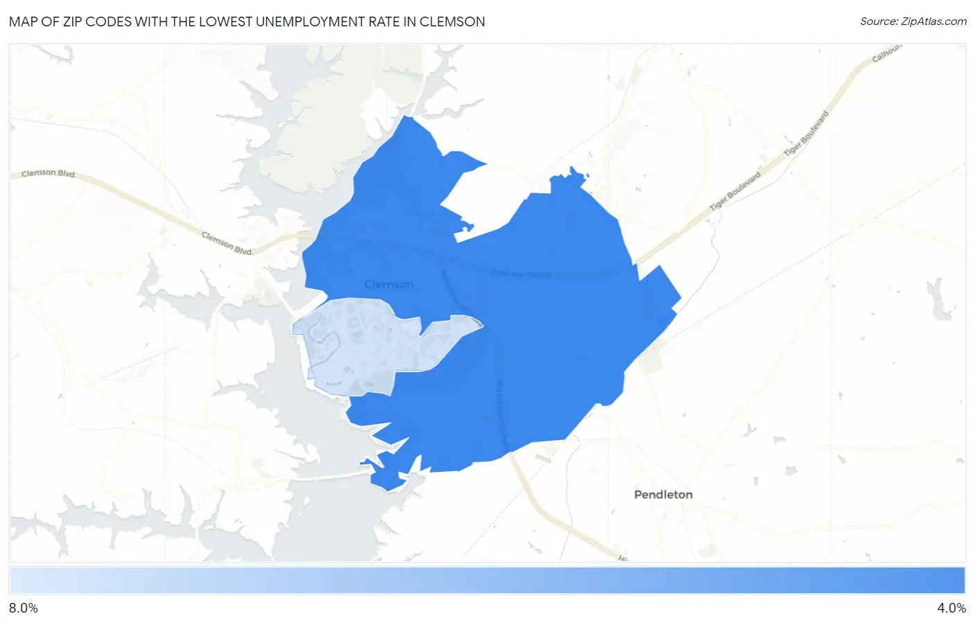 Zip Codes with the Lowest Unemployment Rate in Clemson Map