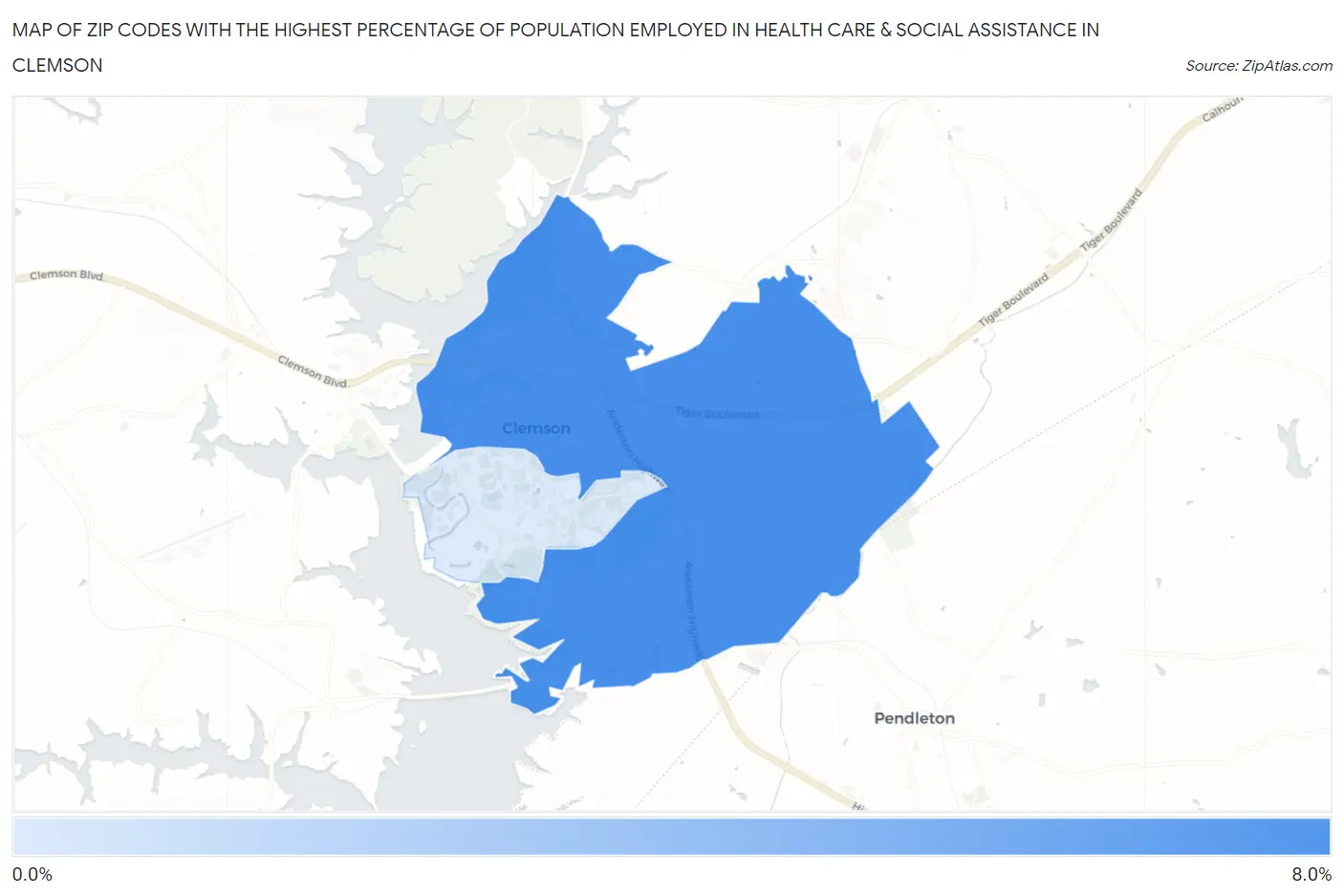 Zip Codes with the Highest Percentage of Population Employed in Health Care & Social Assistance in Clemson Map