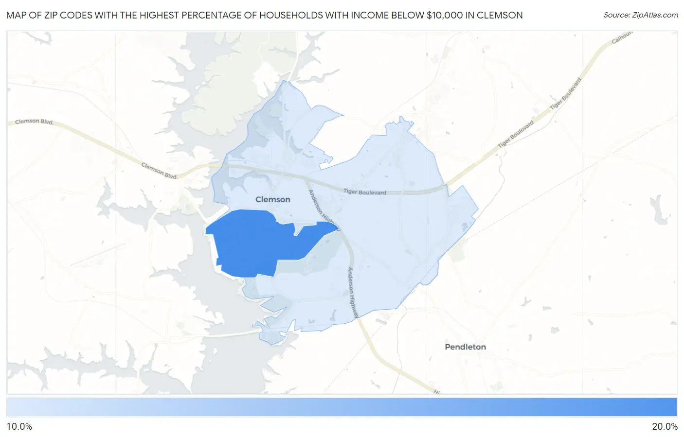 Zip Codes with the Highest Percentage of Households with Income Below $10,000 in Clemson Map