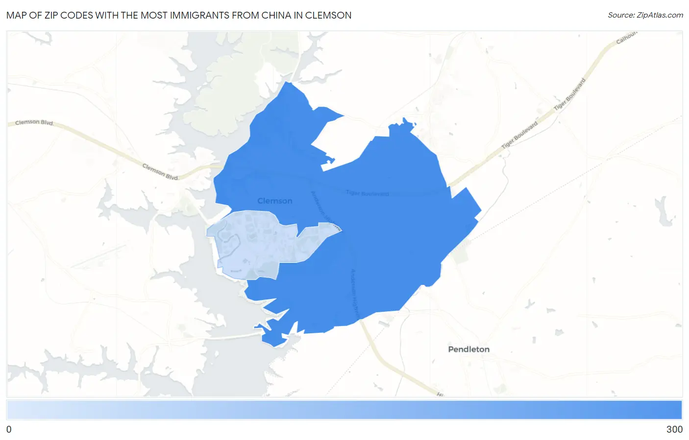Zip Codes with the Most Immigrants from China in Clemson Map