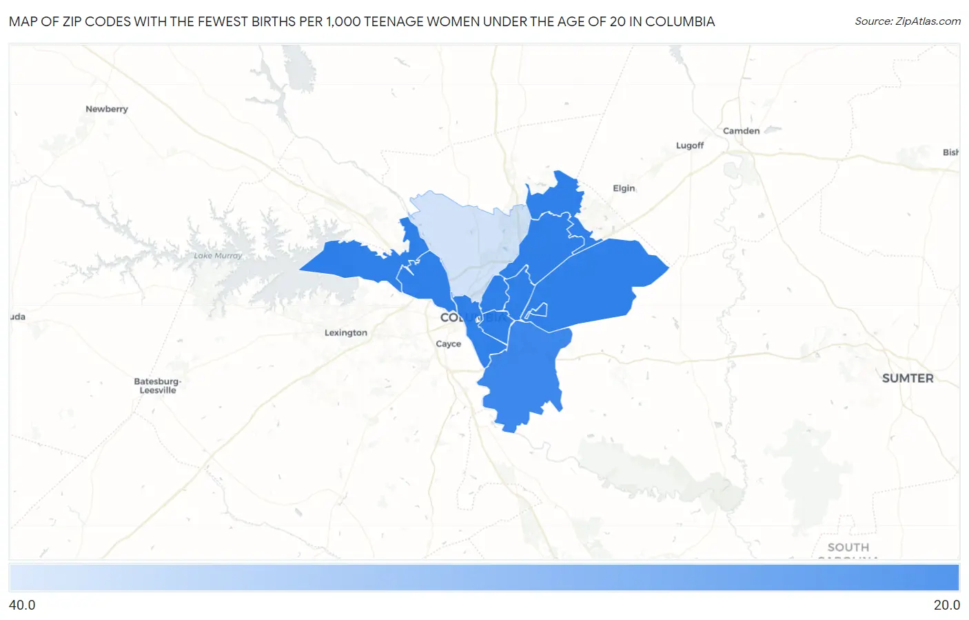 Zip Codes with the Fewest Births per 1,000 Teenage Women Under the Age of 20 in Columbia Map