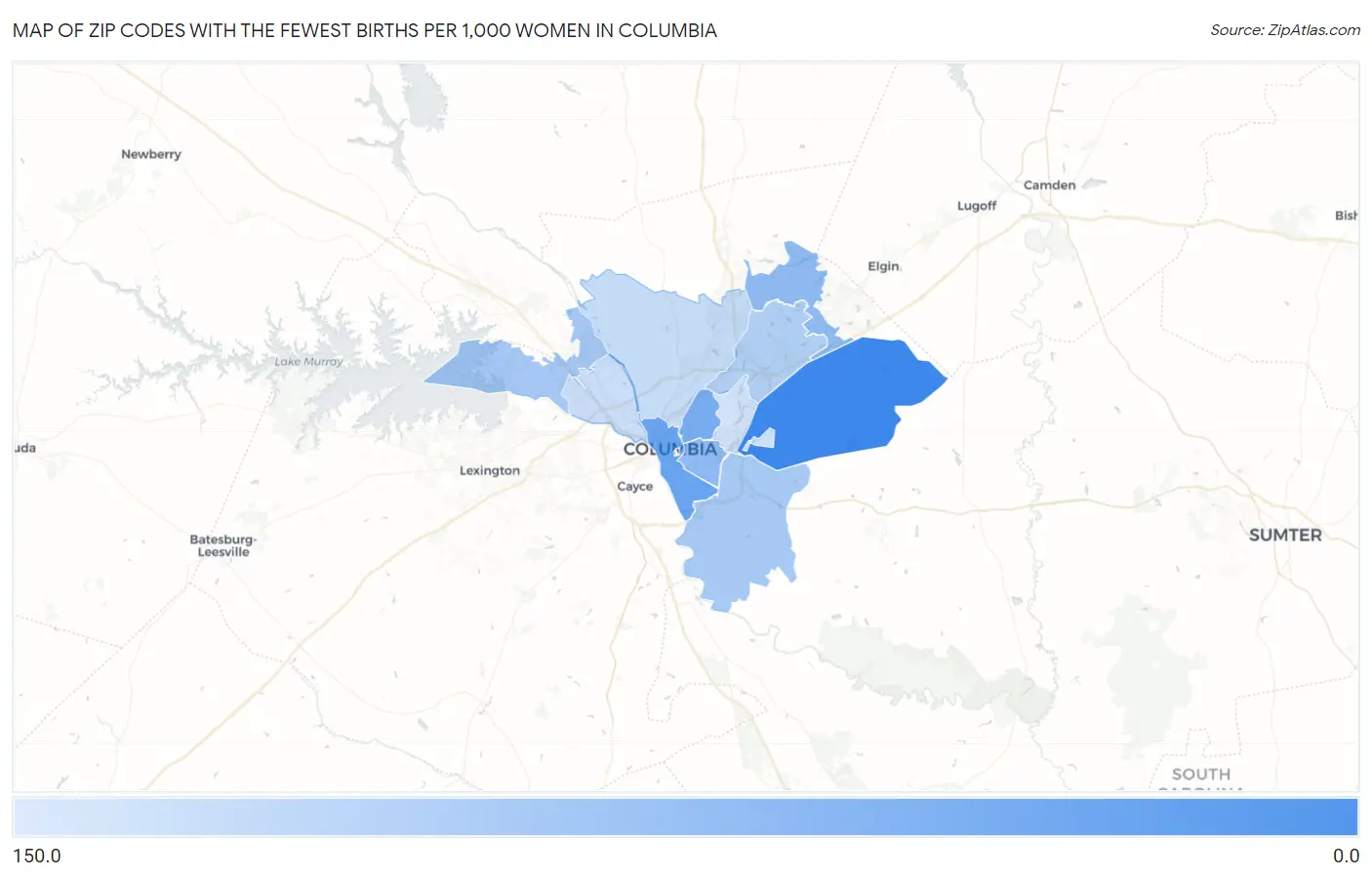 Zip Codes with the Fewest Births per 1,000 Women in Columbia Map
