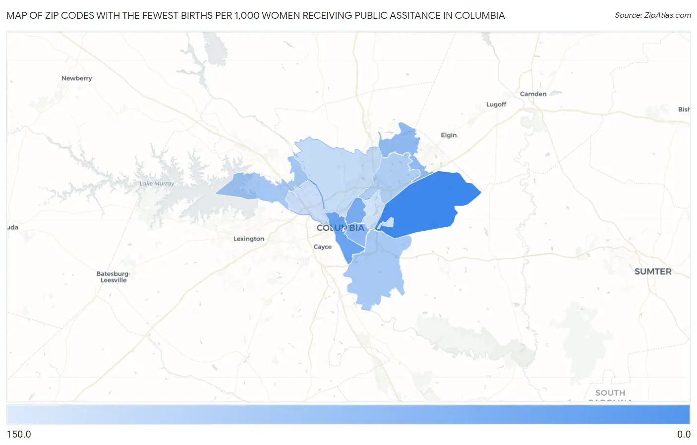 Zip Codes with the Fewest Births per 1,000 Women Receiving Public Assitance in Columbia Map