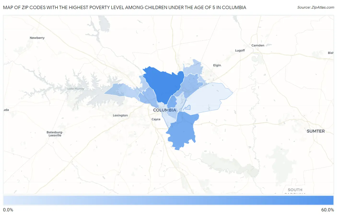 Zip Codes with the Highest Poverty Level Among Children Under the Age of 5 in Columbia Map