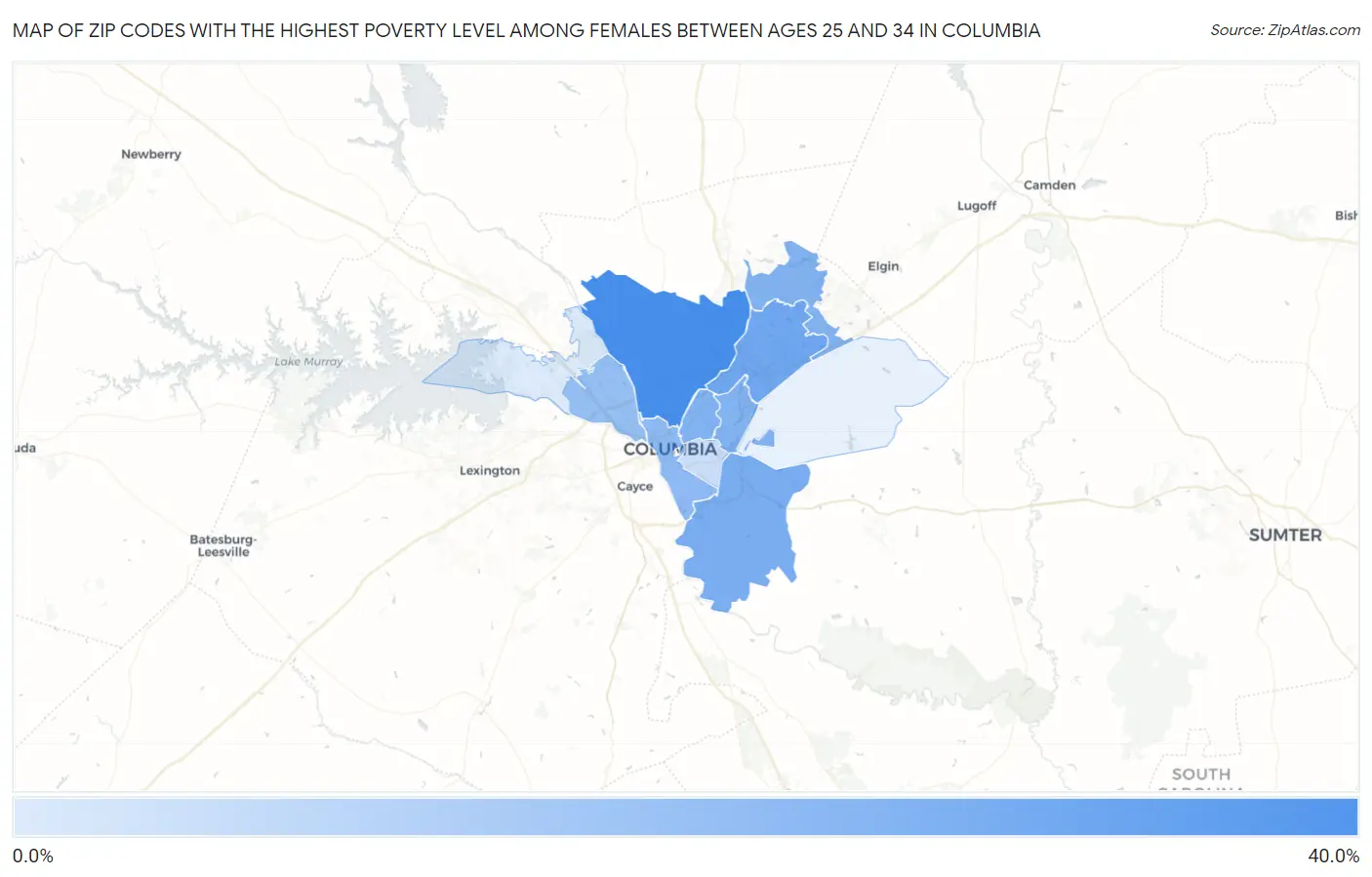 Zip Codes with the Highest Poverty Level Among Females Between Ages 25 and 34 in Columbia Map