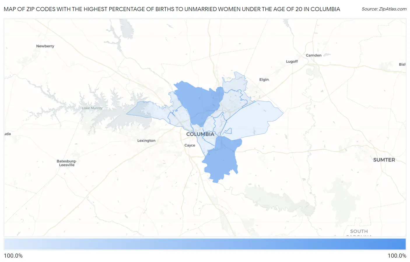 Zip Codes with the Highest Percentage of Births to Unmarried Women under the Age of 20 in Columbia Map