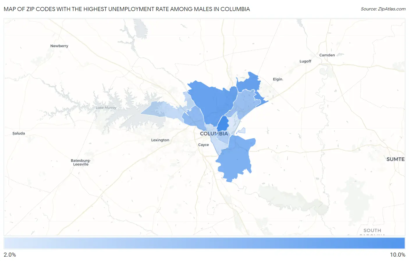 Zip Codes with the Highest Unemployment Rate Among Males in Columbia Map