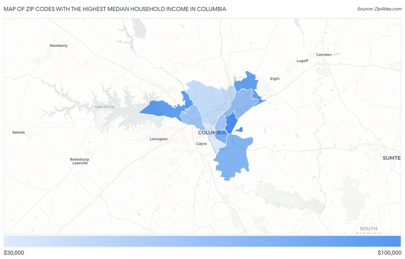 Zip Codes with the Highest Median Household Income in Columbia Map