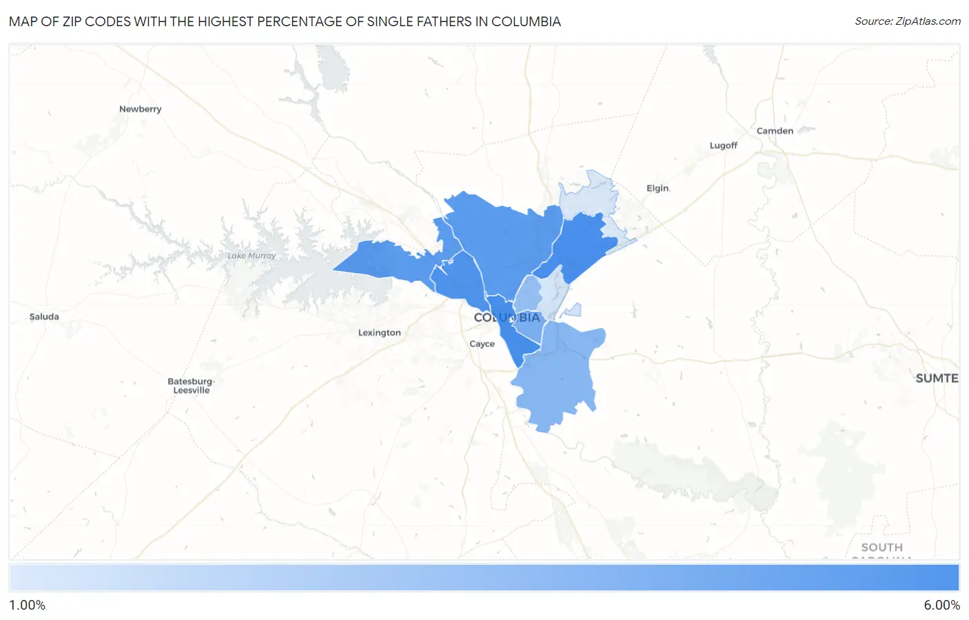 Zip Codes with the Highest Percentage of Single Fathers in Columbia Map