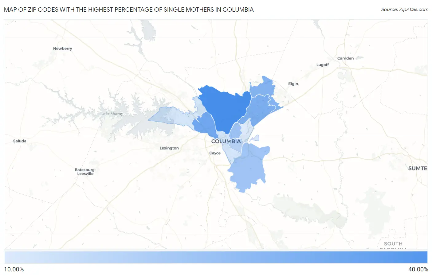 Zip Codes with the Highest Percentage of Single Mothers in Columbia Map