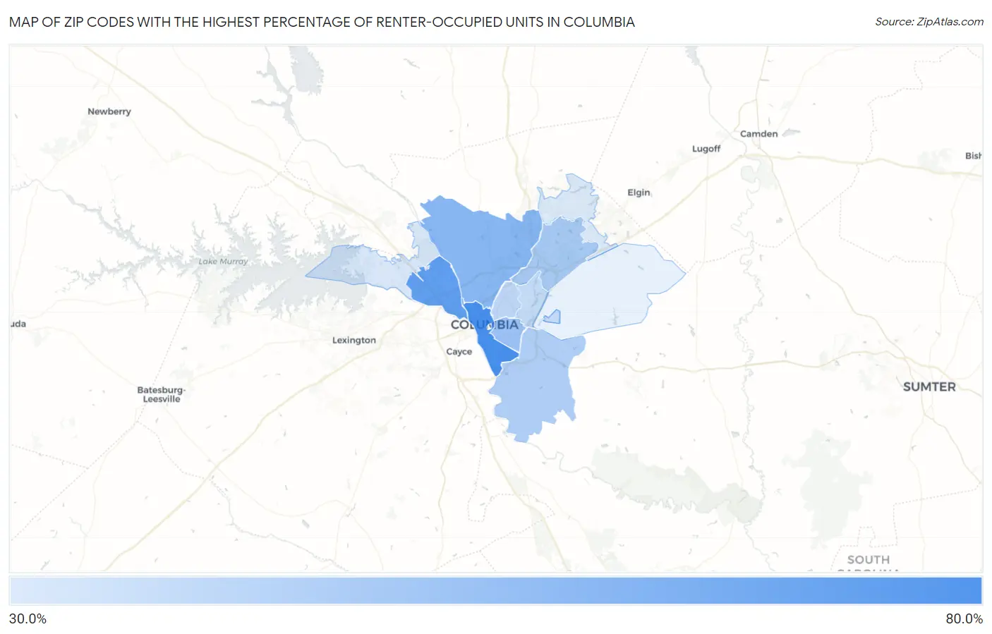 Zip Codes with the Highest Percentage of Renter-Occupied Units in Columbia Map