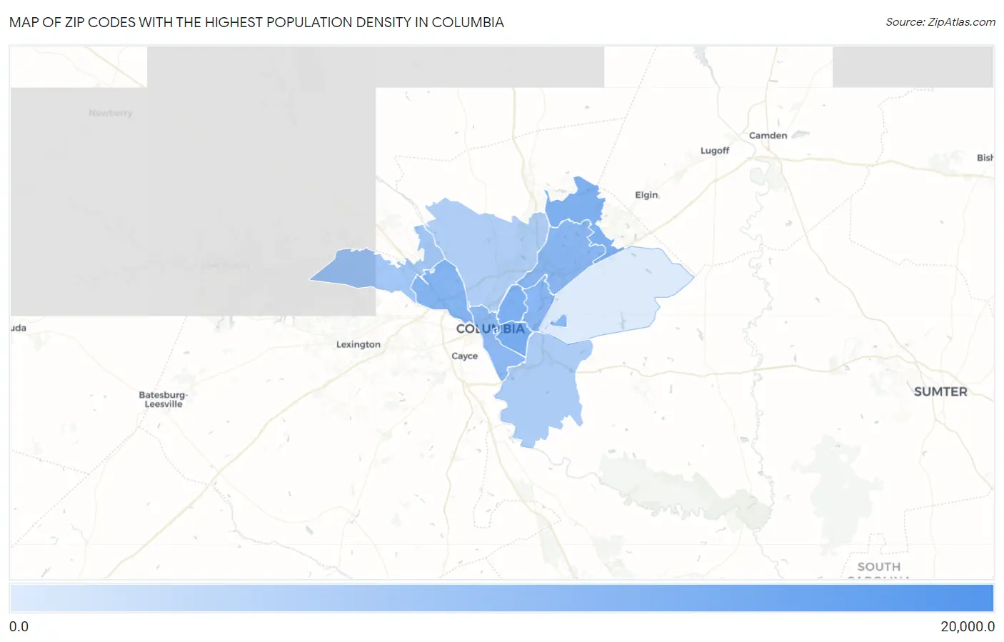 Zip Codes with the Highest Population Density in Columbia Map