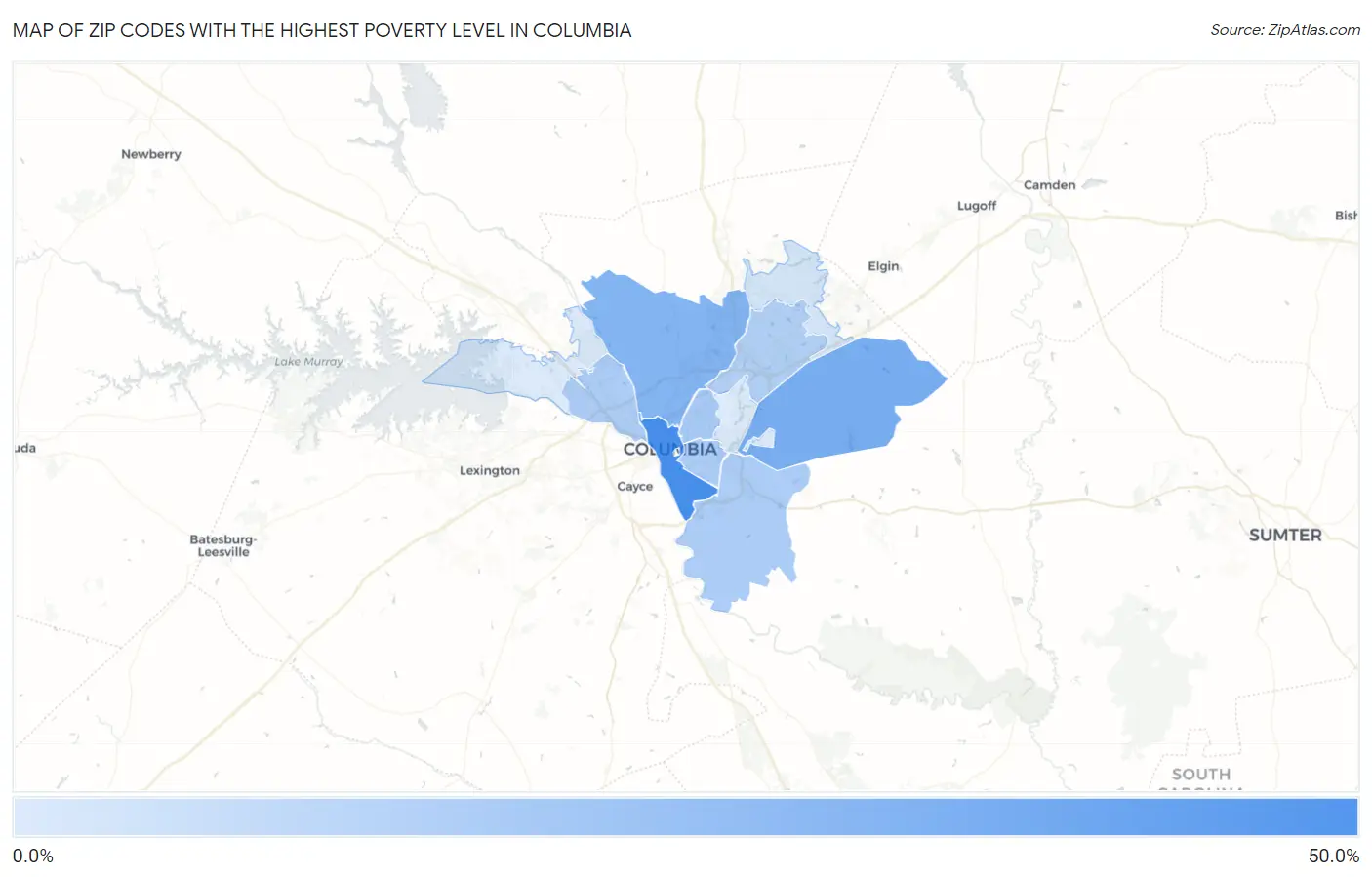 Zip Codes with the Highest Poverty Level in Columbia Map