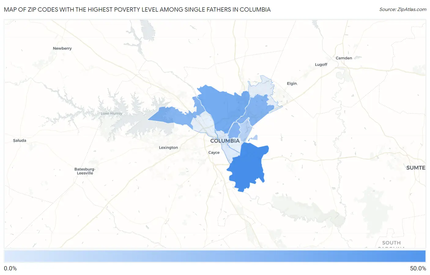 Zip Codes with the Highest Poverty Level Among Single Fathers in Columbia Map