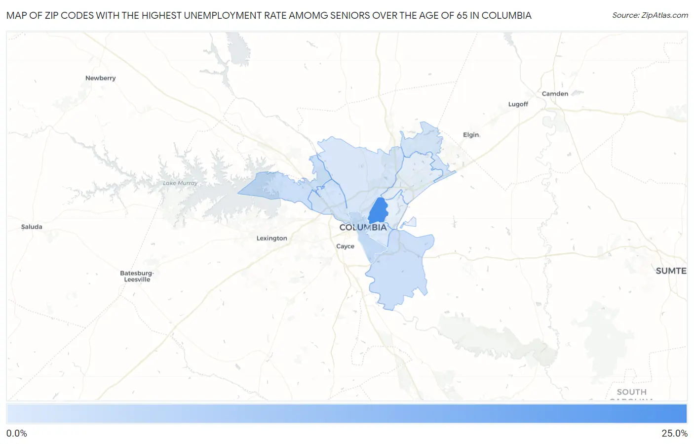 Zip Codes with the Highest Unemployment Rate Amomg Seniors Over the Age of 65 in Columbia Map