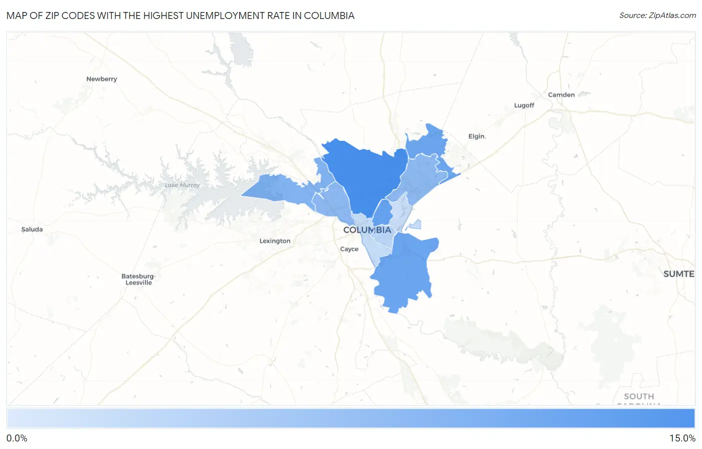 Zip Codes with the Highest Unemployment Rate in Columbia Map