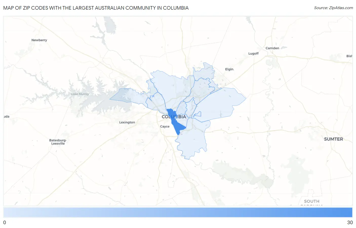 Zip Codes with the Largest Australian Community in Columbia Map