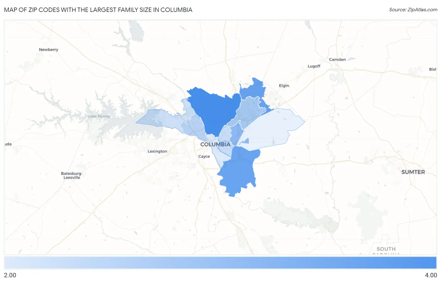 Zip Codes with the Largest Family Size in Columbia Map