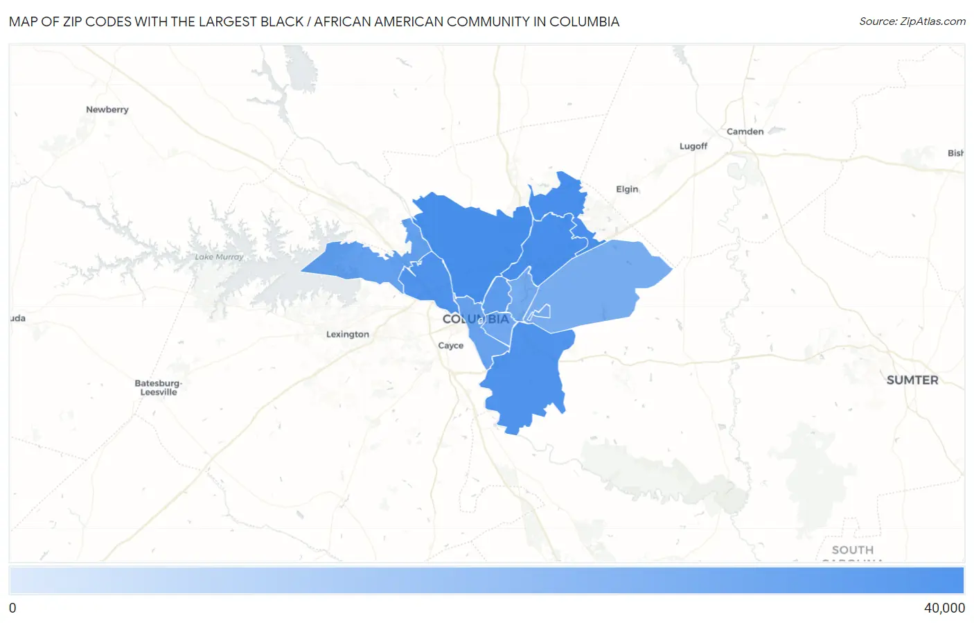 Zip Codes with the Largest Black / African American Community in Columbia Map