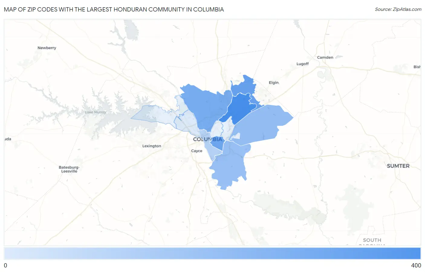 Zip Codes with the Largest Honduran Community in Columbia Map