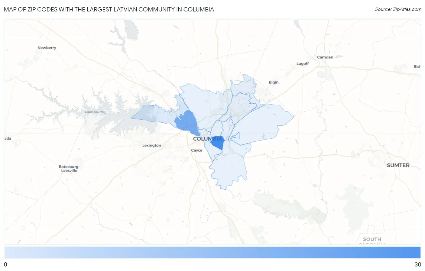 Zip Codes with the Largest Latvian Community in Columbia Map