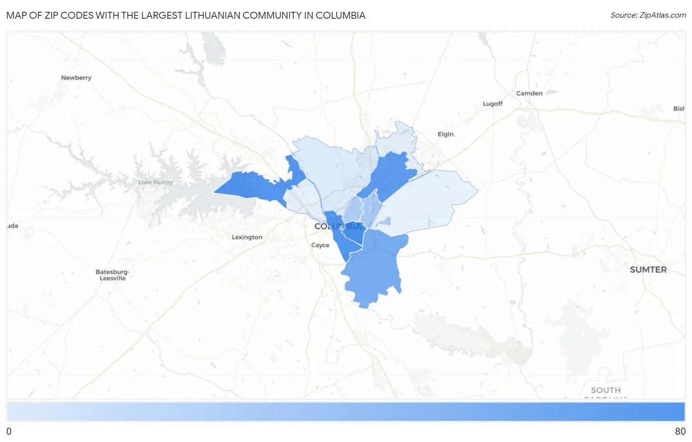 Zip Codes with the Largest Lithuanian Community in Columbia Map