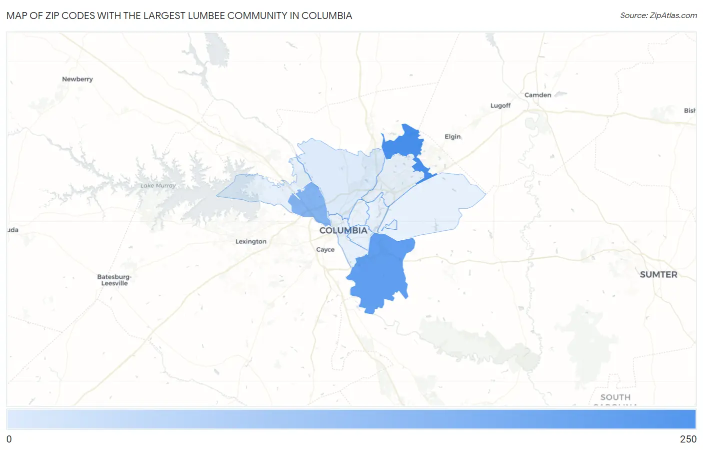 Zip Codes with the Largest Lumbee Community in Columbia Map