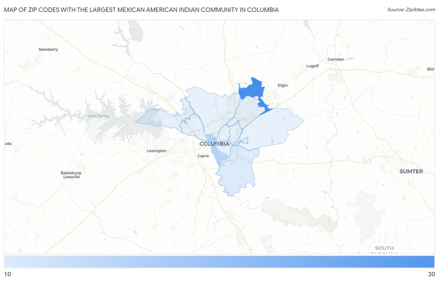 Zip Codes with the Largest Mexican American Indian Community in Columbia Map