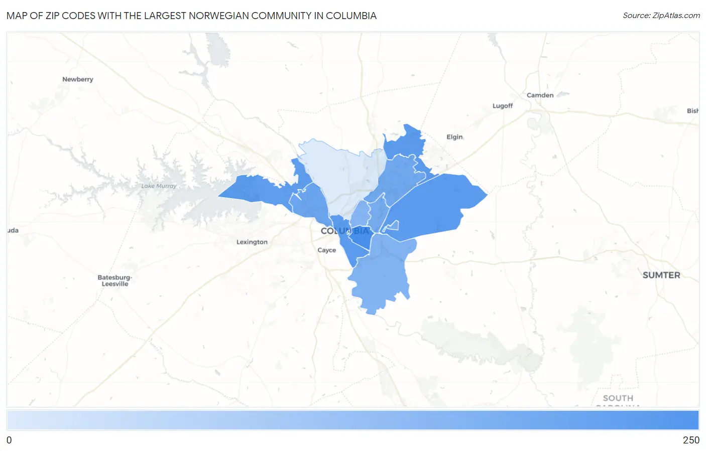 Zip Codes with the Largest Norwegian Community in Columbia Map