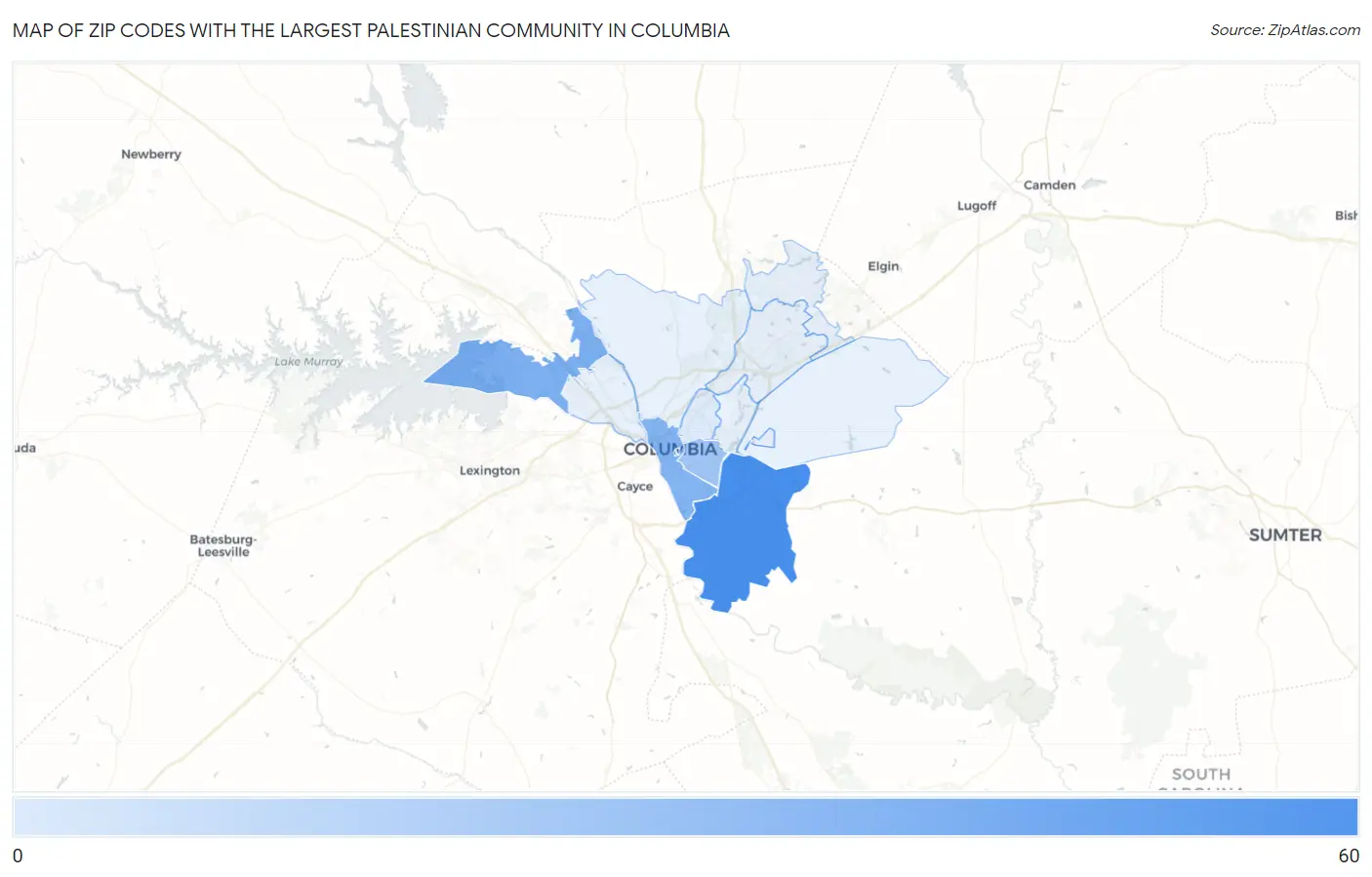 Zip Codes with the Largest Palestinian Community in Columbia Map