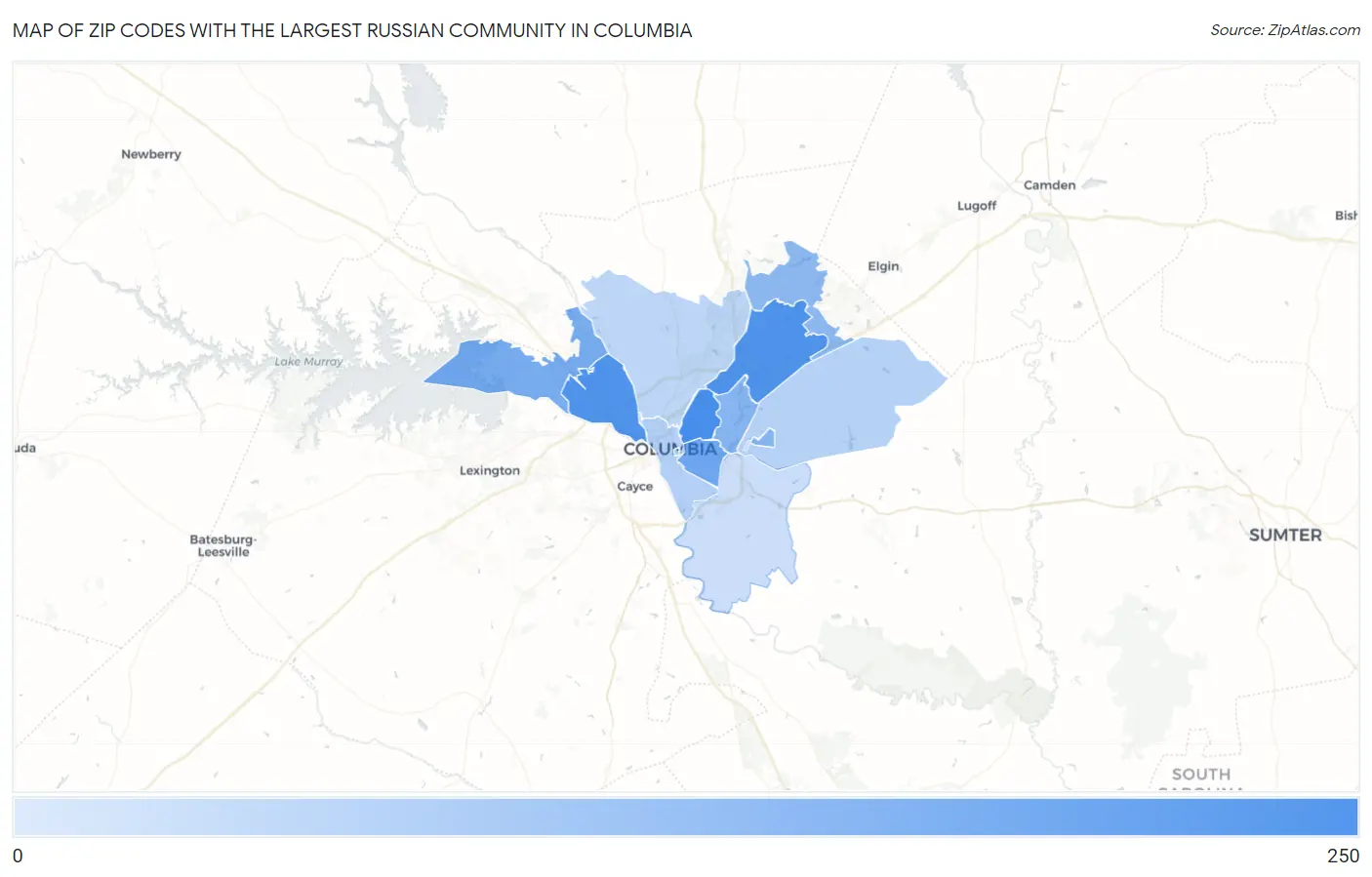 Zip Codes with the Largest Russian Community in Columbia Map