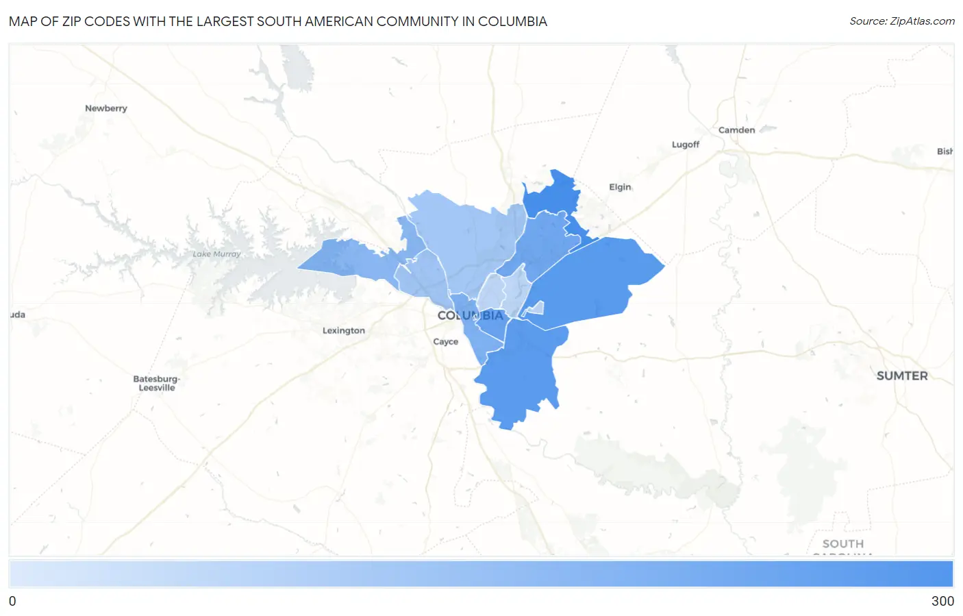 Zip Codes with the Largest South American Community in Columbia Map