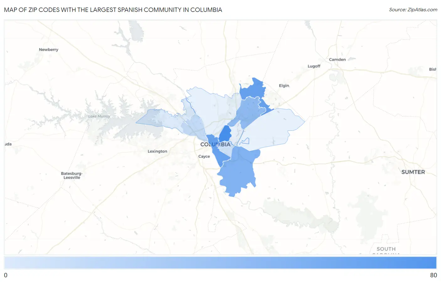 Zip Codes with the Largest Spanish Community in Columbia Map