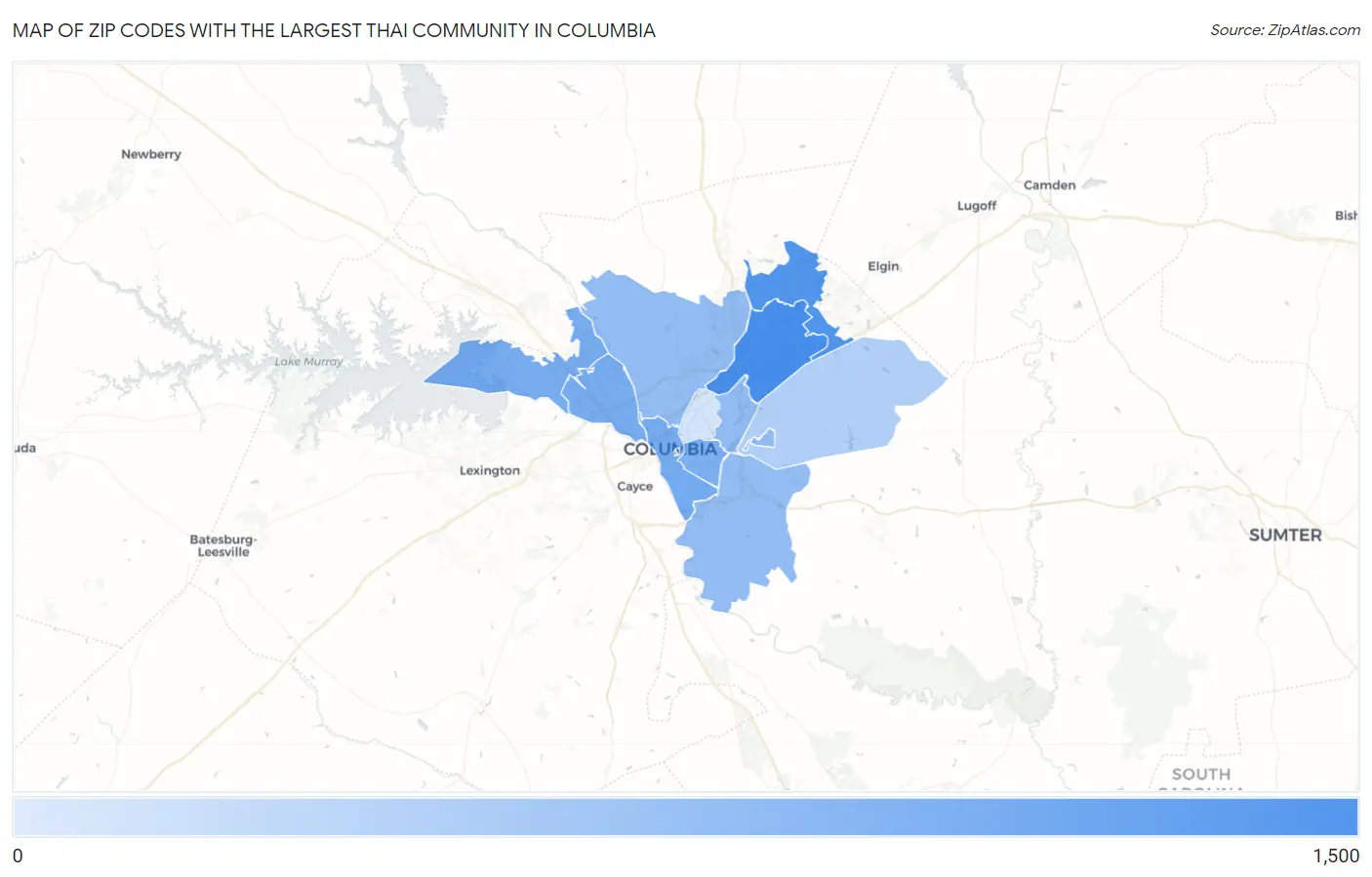 Zip Codes with the Largest Thai Community in Columbia Map