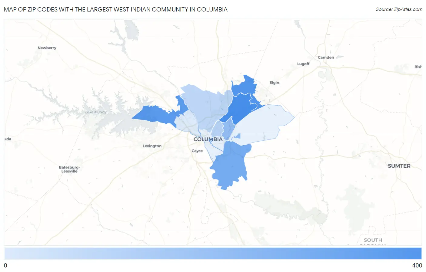 Zip Codes with the Largest West Indian Community in Columbia Map