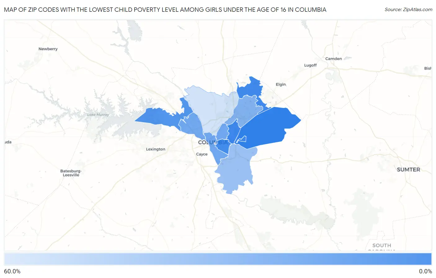 Zip Codes with the Lowest Child Poverty Level Among Girls Under the Age of 16 in Columbia Map