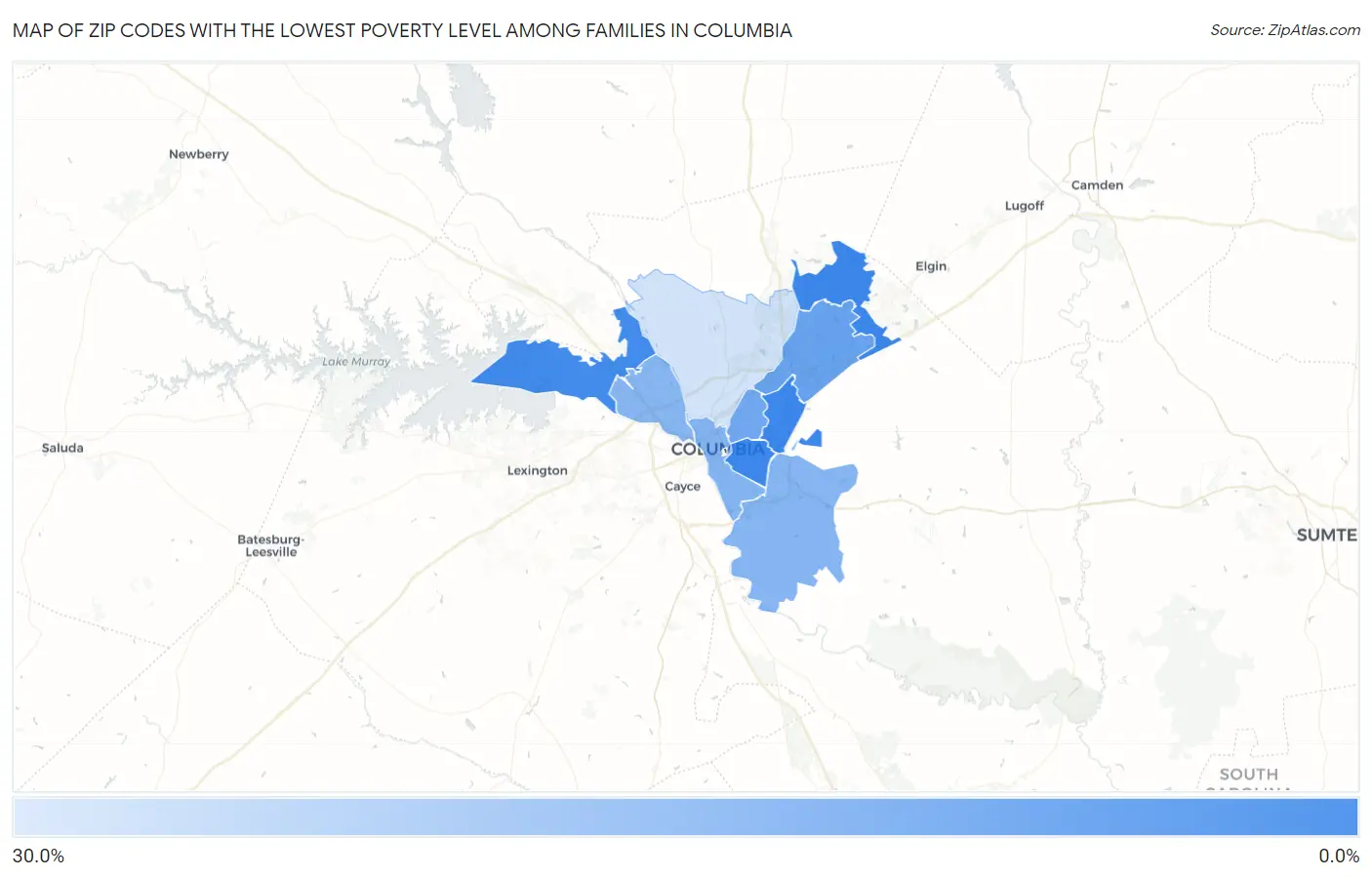 Zip Codes with the Lowest Poverty Level Among Families in Columbia Map