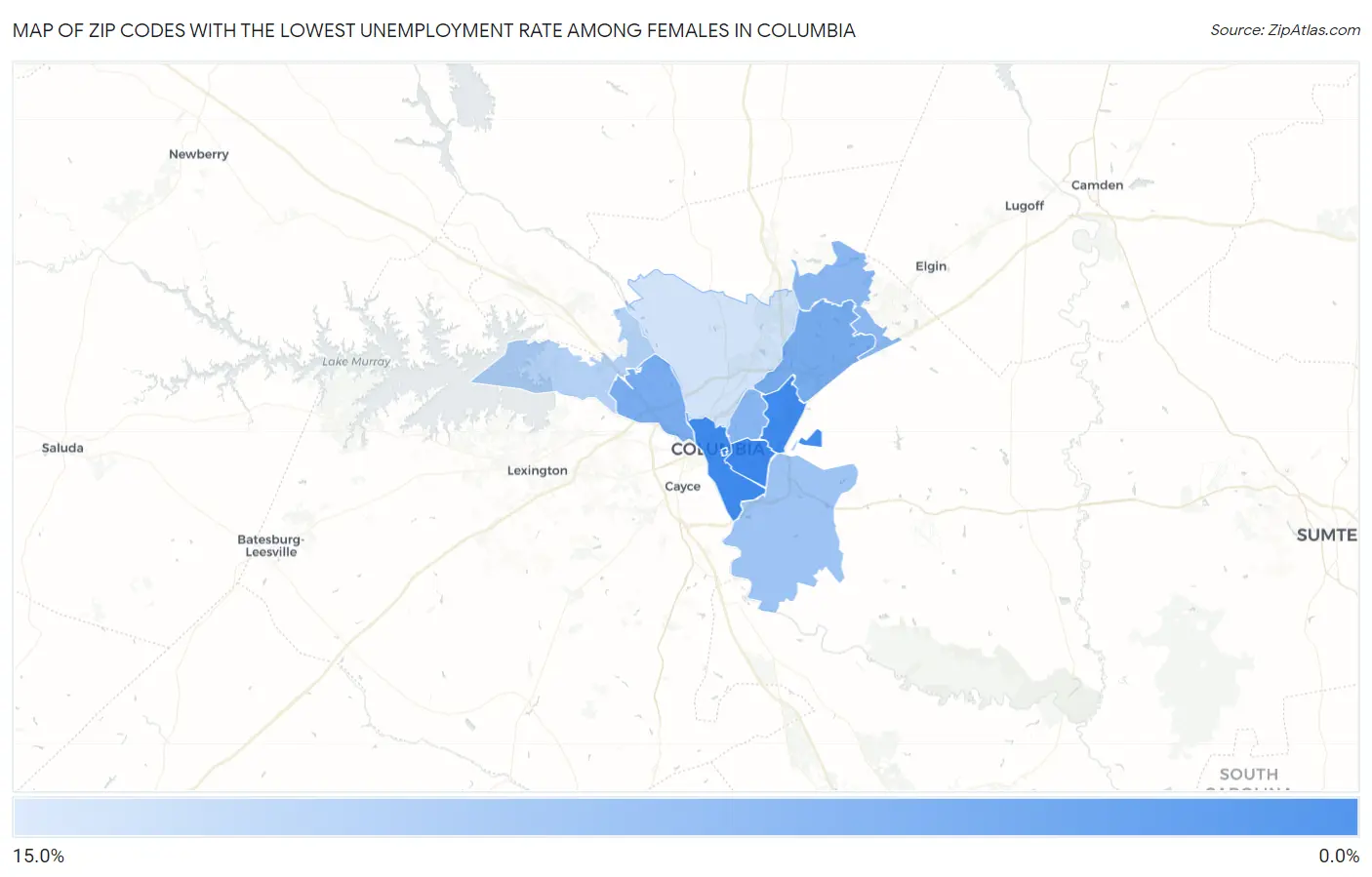 Zip Codes with the Lowest Unemployment Rate Among Females in Columbia Map
