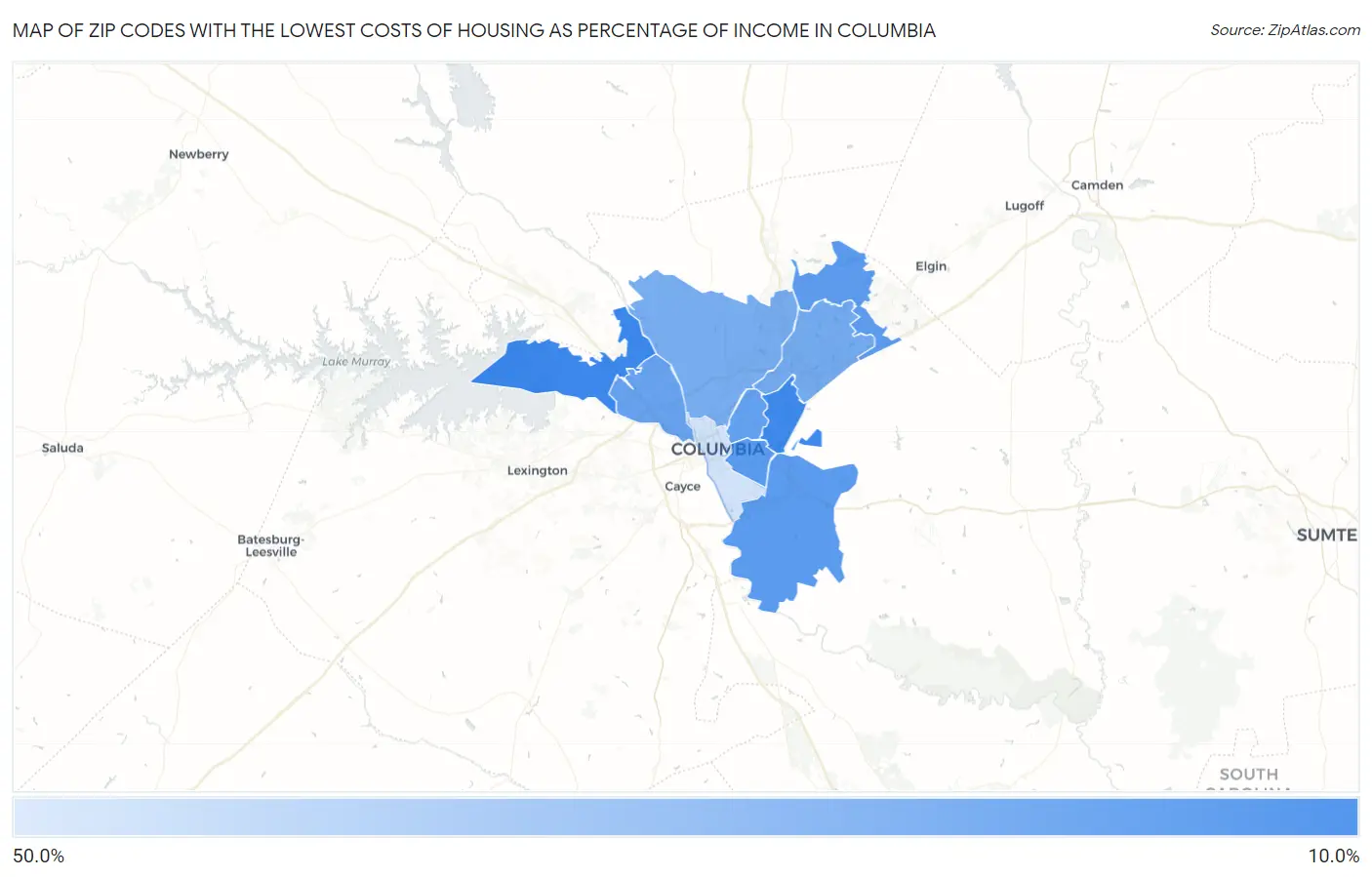 Zip Codes with the Lowest Costs of Housing as Percentage of Income in Columbia Map