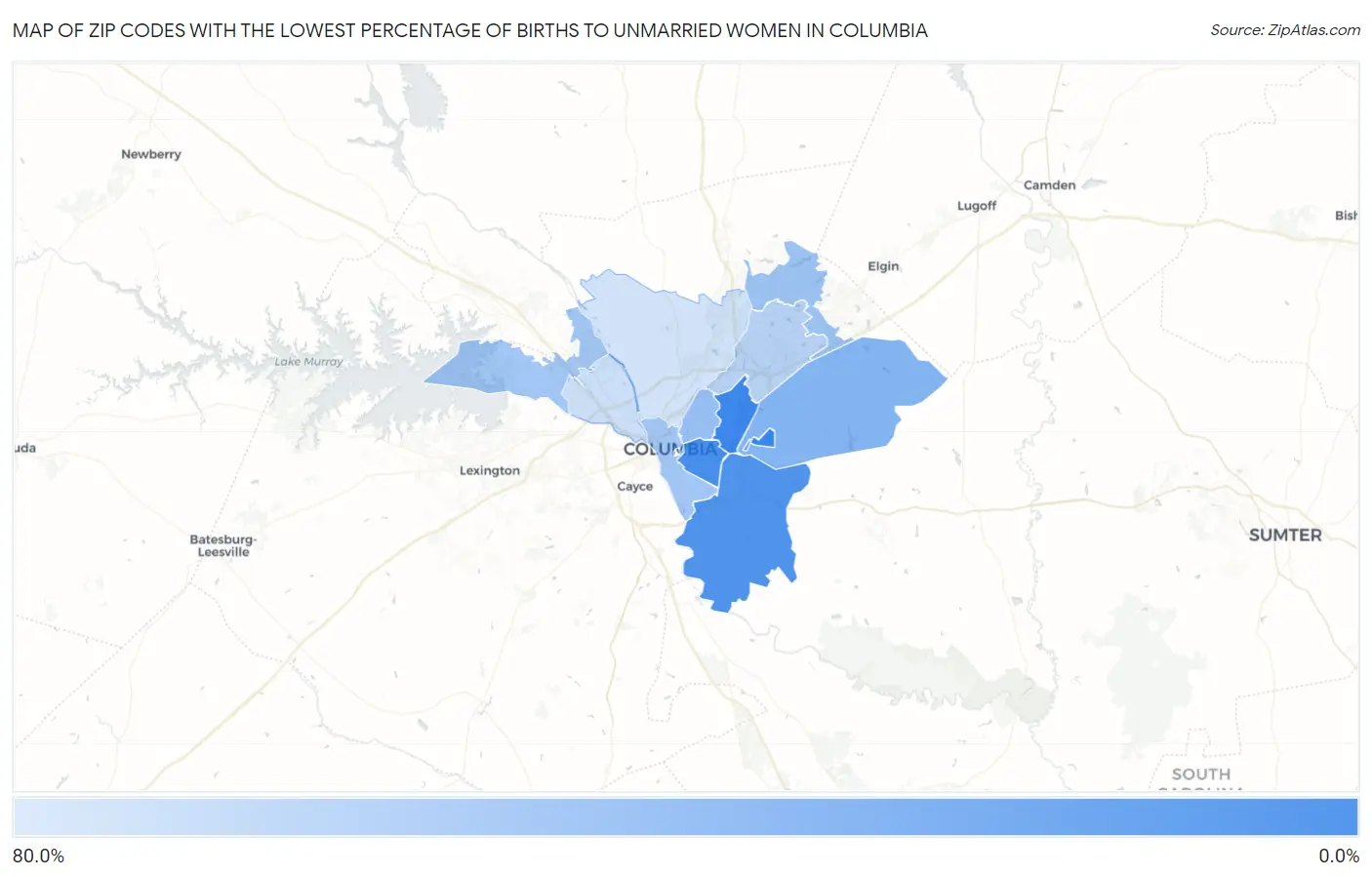 Zip Codes with the Lowest Percentage of Births to Unmarried Women in Columbia Map